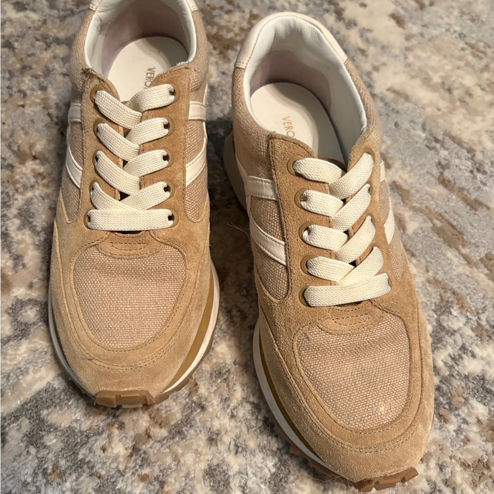 Veronica Beard Tan and White Valentina Slip-On Elastic Lace Sneakers.